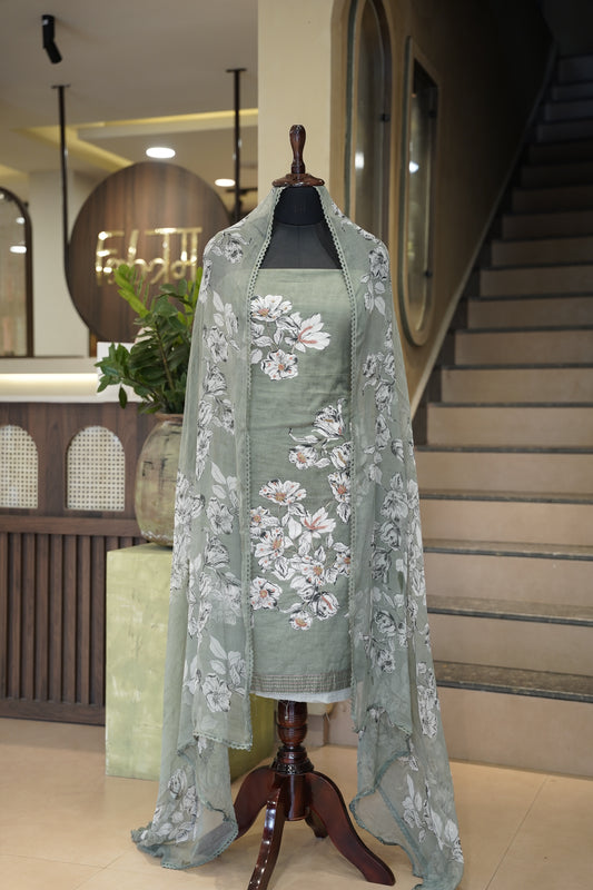 Green Printed Cotton Suit with Knot Work