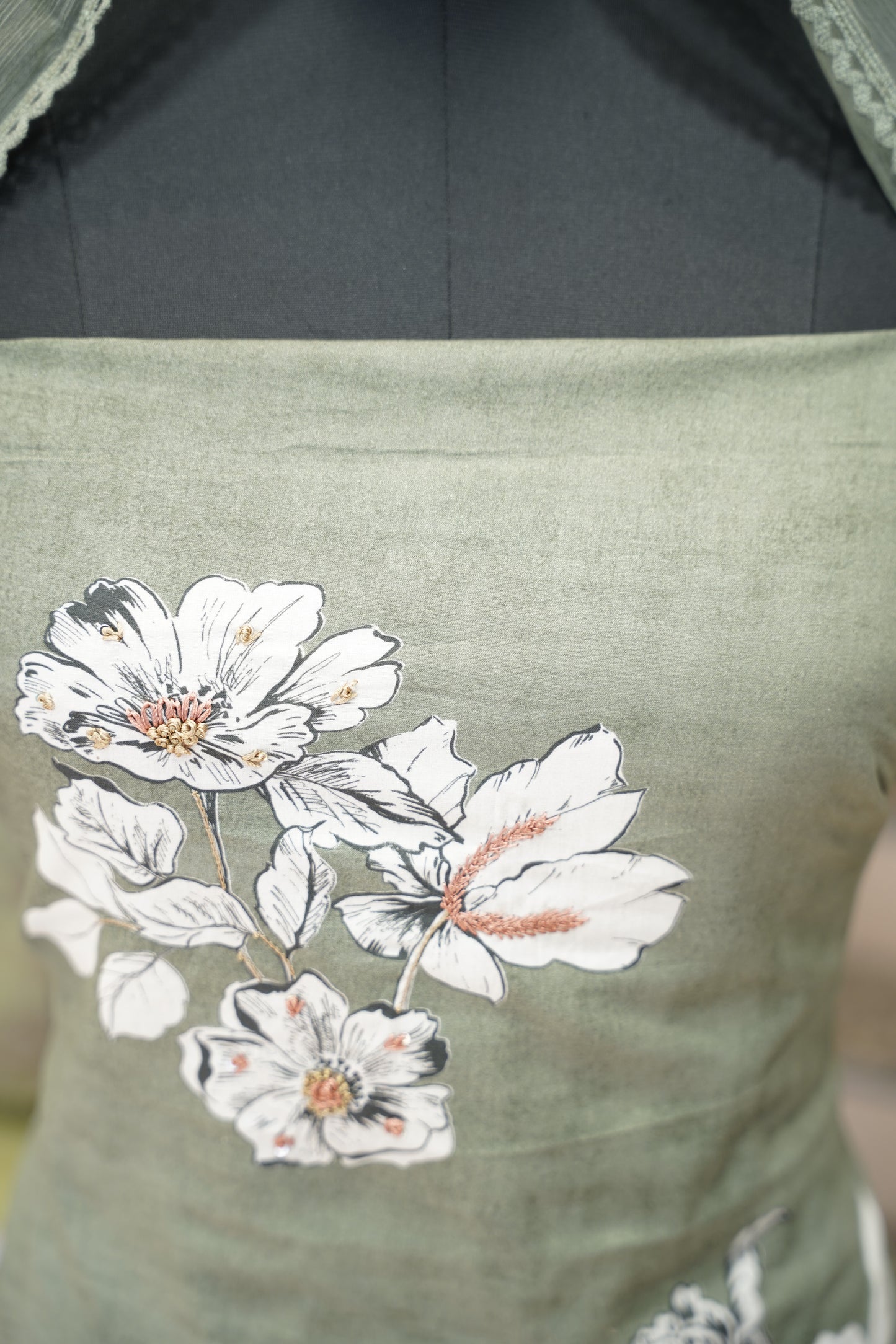 Green Printed Cotton Suit with Knot Work