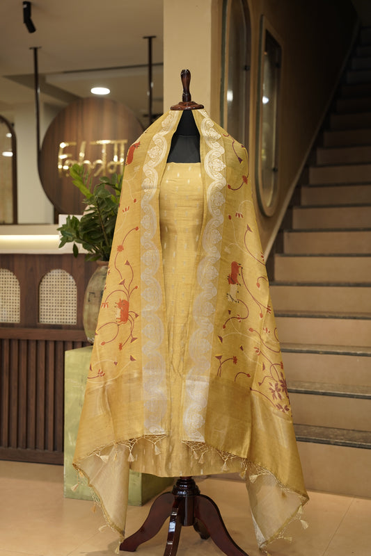 Yellow Pure Silk Tissue Booti Suit