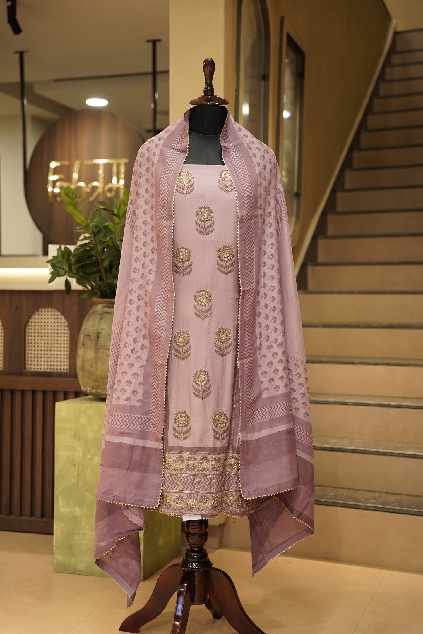 Pink Maheshwari Chanderi Suit with Handwork