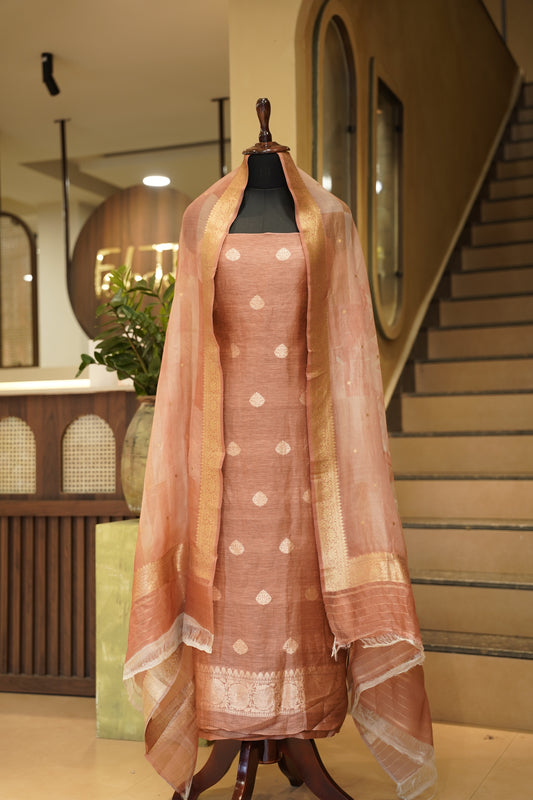 Rust Pure Linen Silk Banarasi Suit