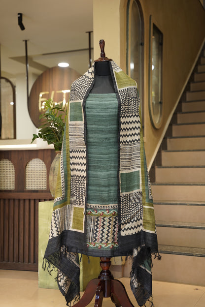 Green Pure Tussar Silk Printed Suit with Hand Katha Work