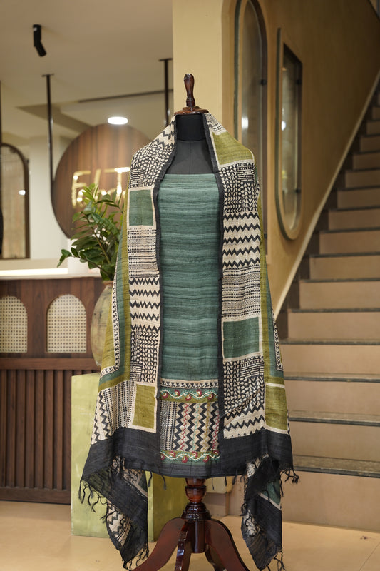 Green Pure Tussar Silk Printed Suit with Hand Katha Work