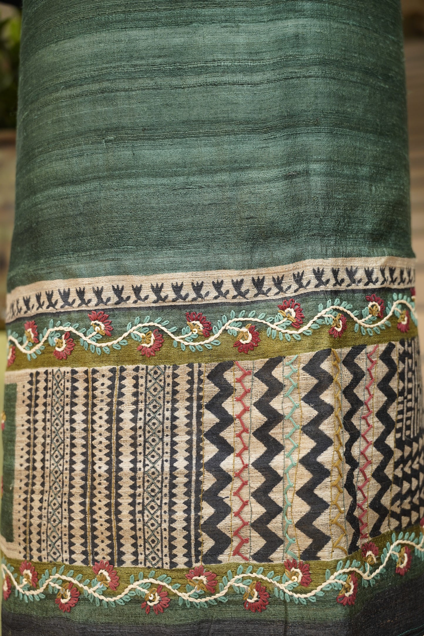 Green Pure Tussar Silk Printed Suit with Hand Katha Work