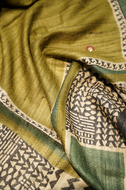 Green Pure Tussar Silk Printed Suit with Hand Katha Work