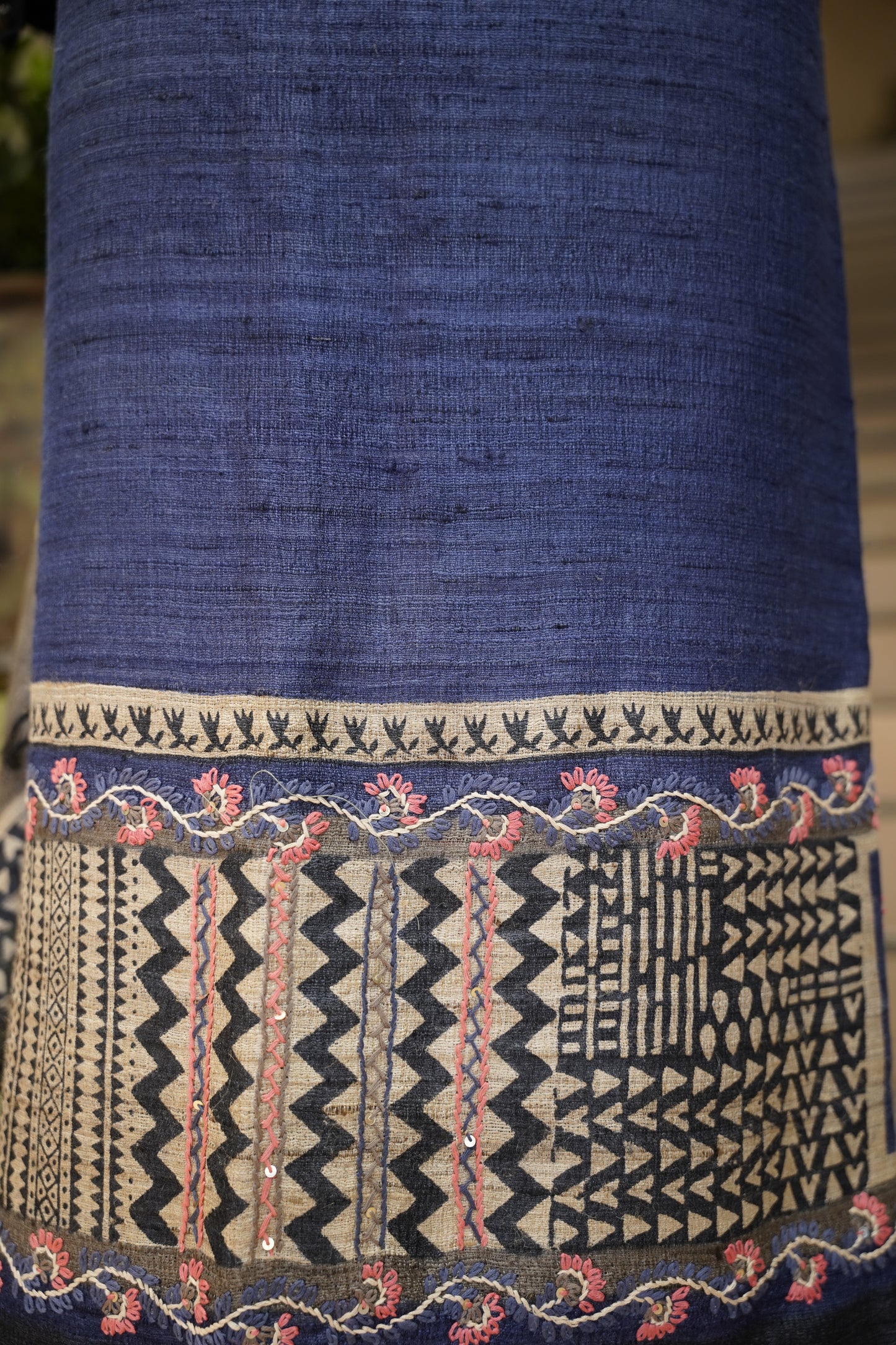 Blue Pure Tussar Silk Printed Suit with Hand Katha Work