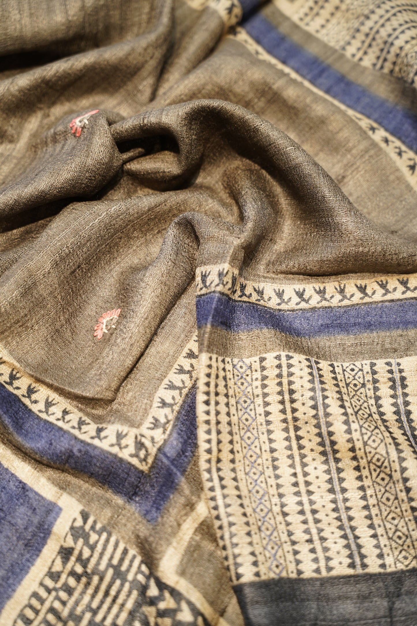 Blue Pure Tussar Silk Printed Suit with Hand Katha Work
