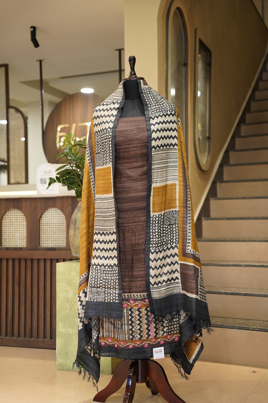 Brown Pure Tussar Silk Printed Suit with Hand Katha Work