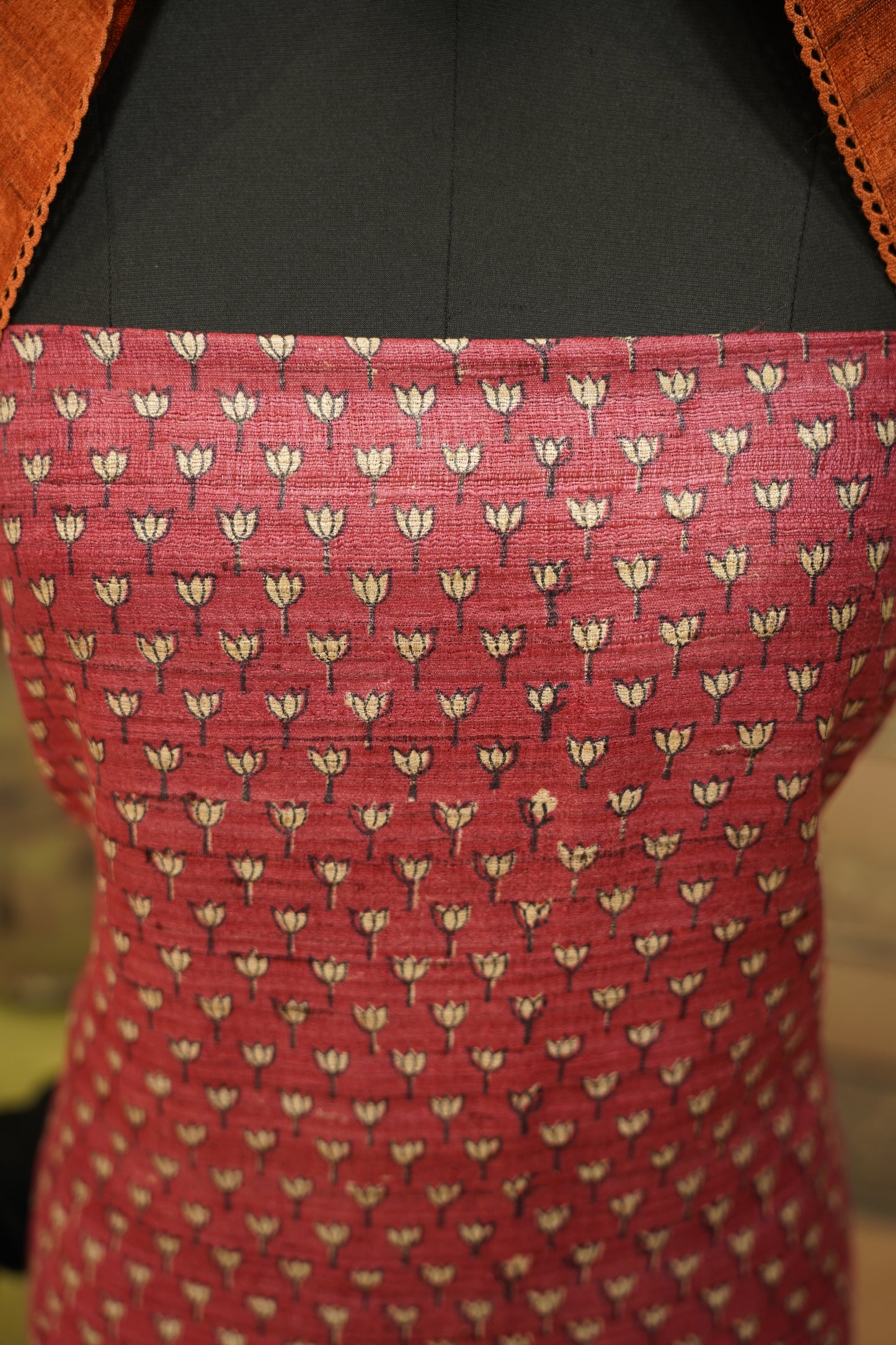 Pink pure Tussar Silk Printed Suit with Hand Katha Work