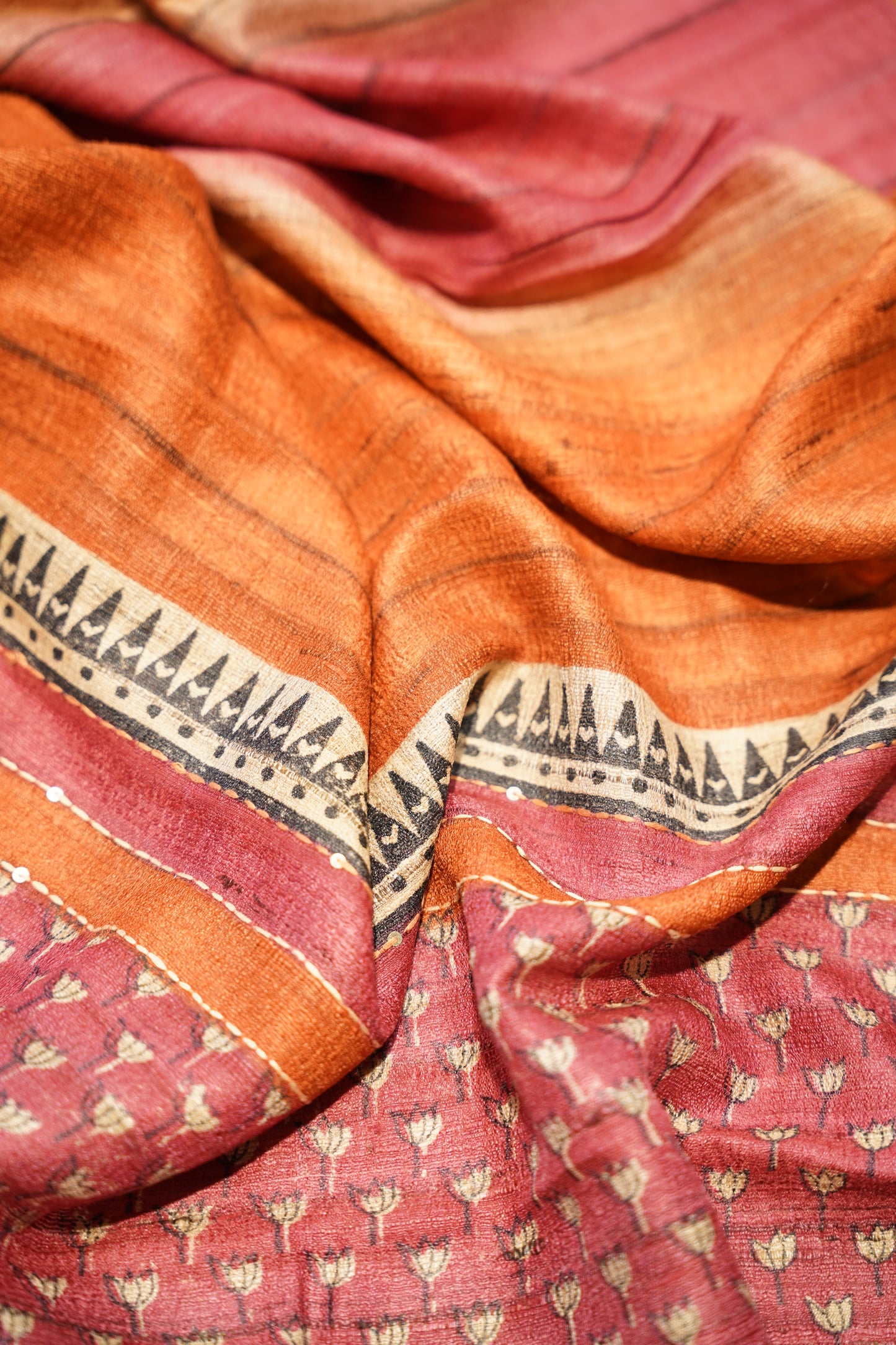 Pink pure Tussar Silk Printed Suit with Hand Katha Work