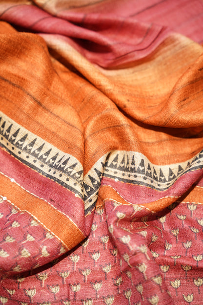 Pink pure Tussar Silk Printed Suit with Hand Katha Work