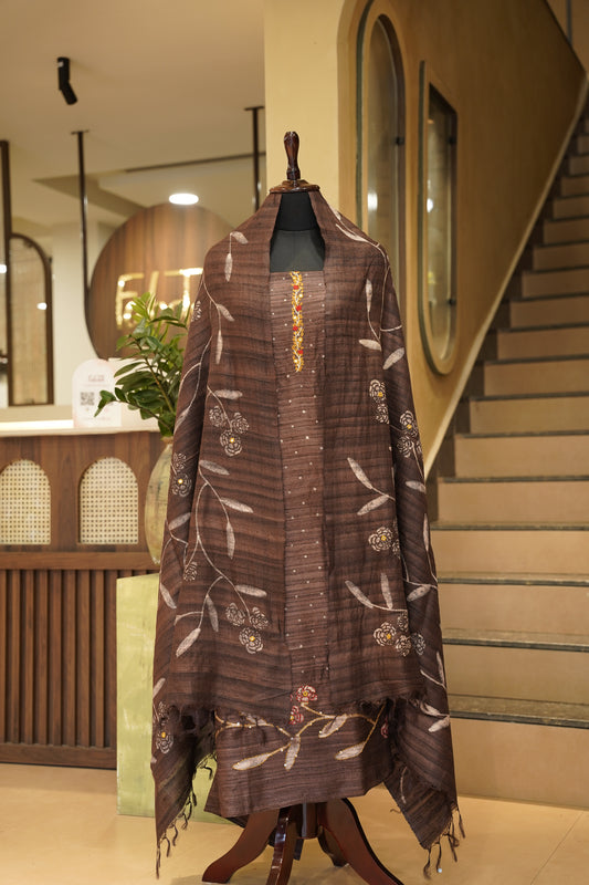 Brown Pure Tussar Silk Printed Suit with Hand Work