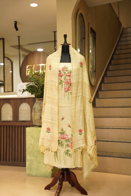 Yellow Kosa Silk Hand Painted Suit