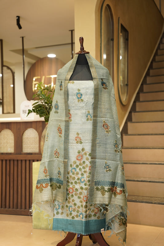 Grey Pure Silk Tussar Suit with Hand Painting