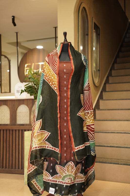 Red Maheshwari Printed Suit with Banarasi Booti
