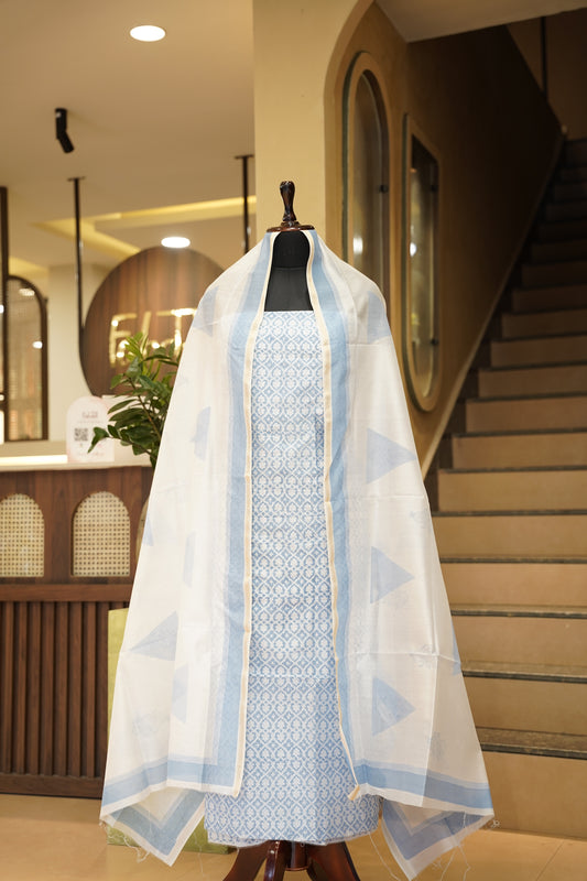 Off White Block Printed Maheshwari Suit