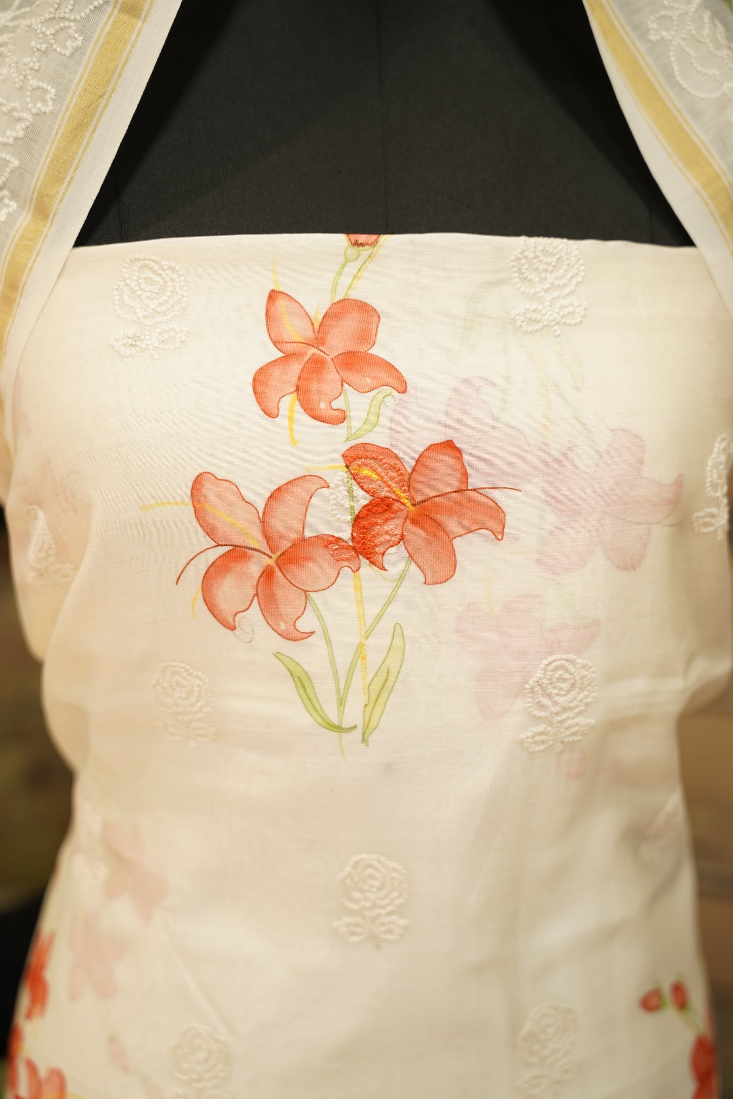 Off White Printed Maheshwari Suit with Embroidery