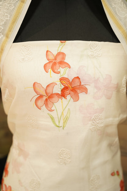 Off White Printed Maheshwari Suit with Embroidery