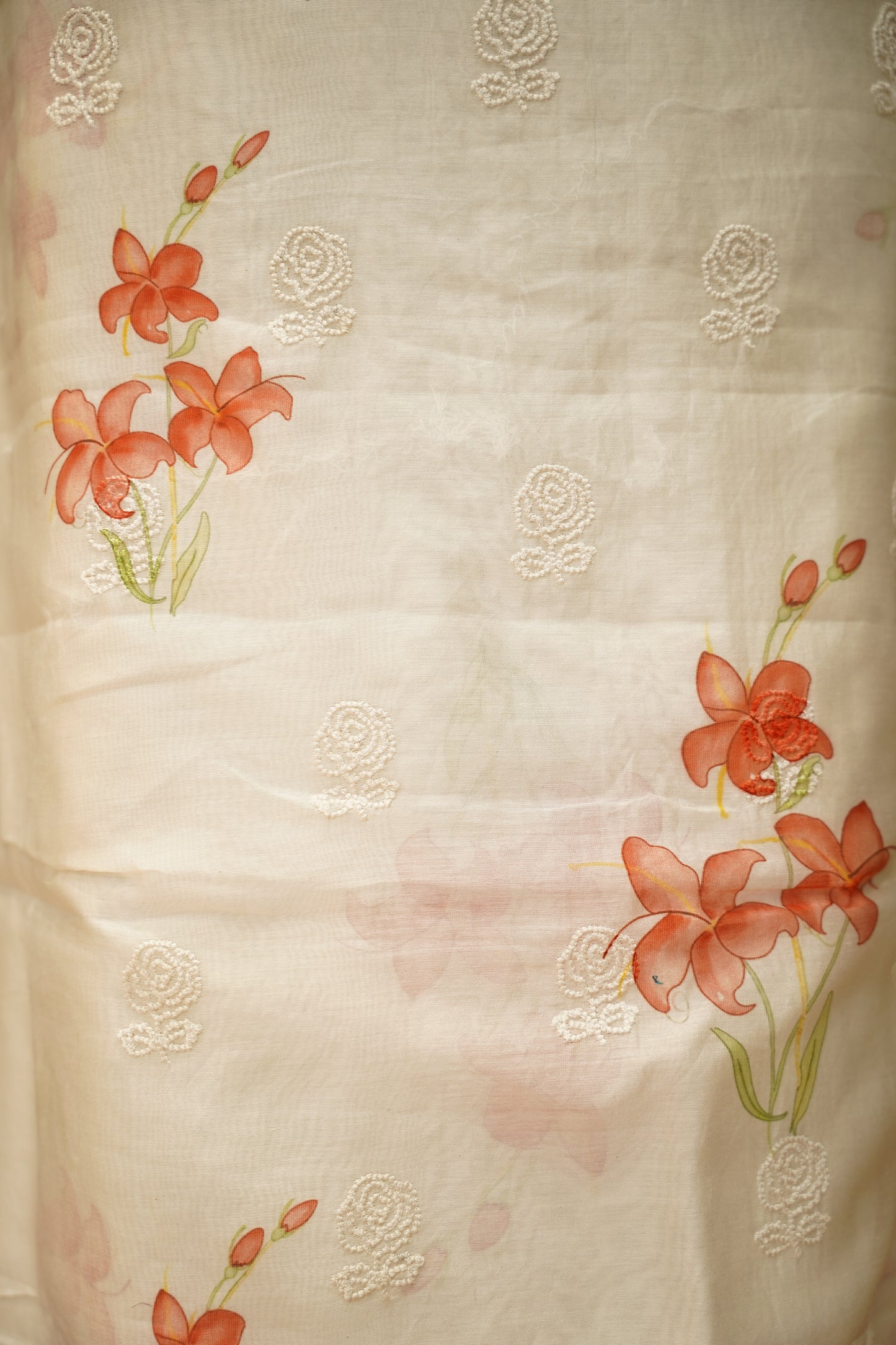 Off White Printed Maheshwari Suit with Embroidery