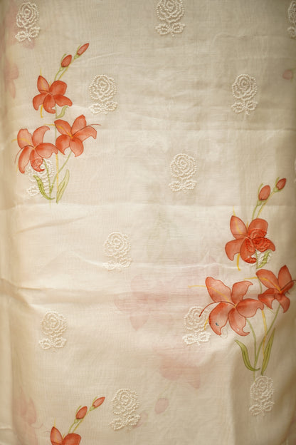Off White Printed Maheshwari Suit with Embroidery