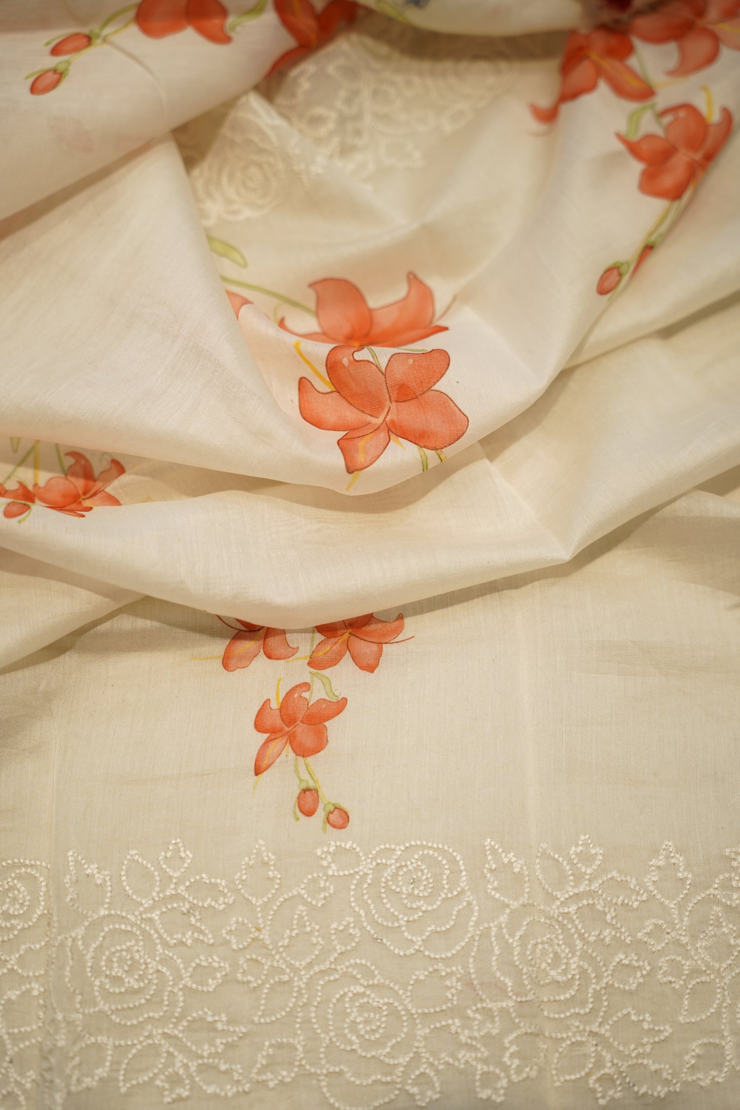 Off White Printed Maheshwari Suit with Embroidery