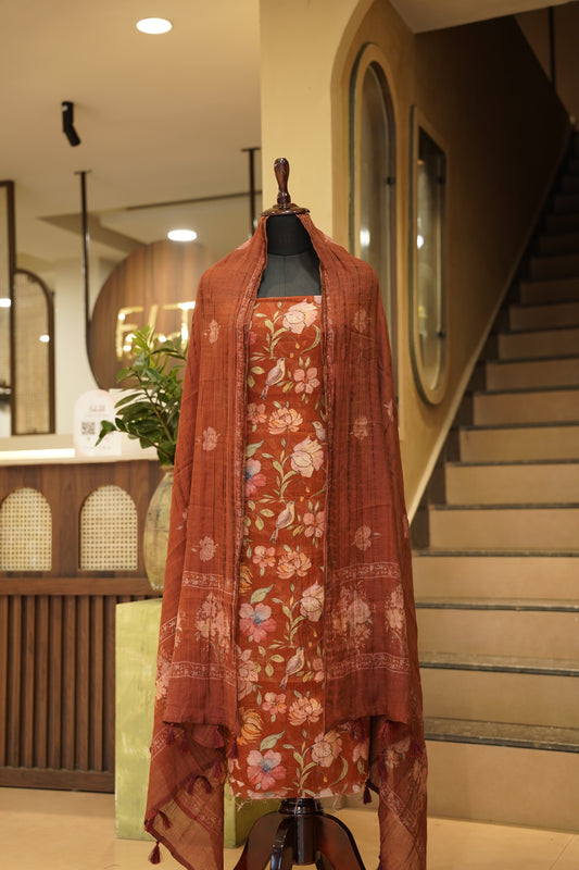 Red Printed Maheshwari Tissue Suit