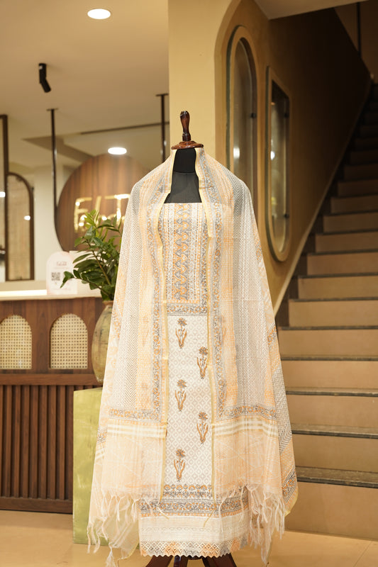 Off White Self Chanderi Block Printed Suit