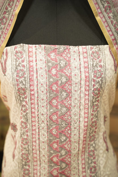 Off White Self Chanderi Block Printed Suit