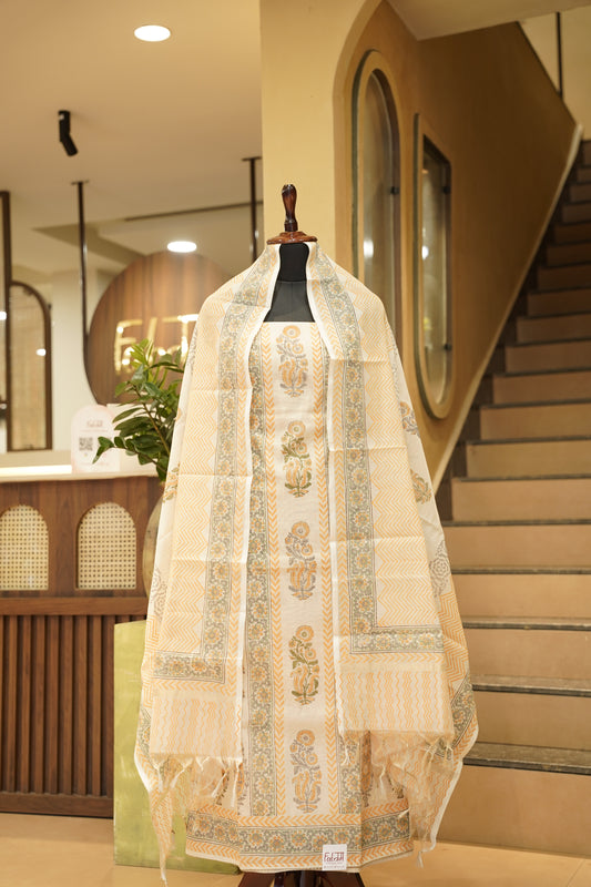 Off White Cotton Tissue Block Printed Suit