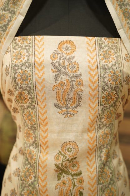 Off White Cotton Tissue Block Printed Suit