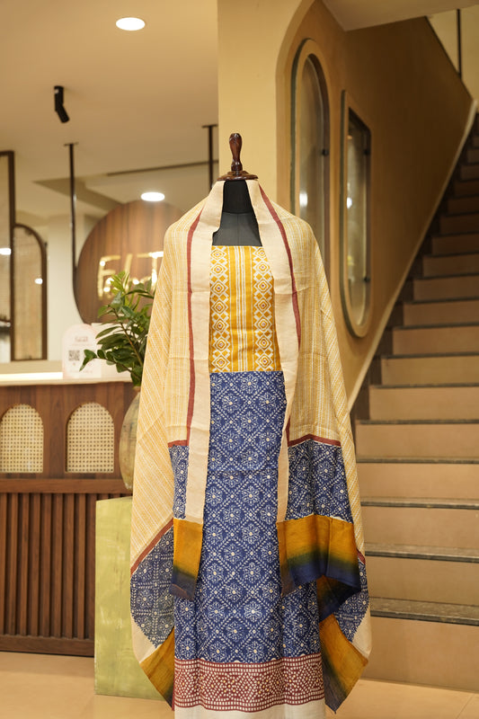Blue Muga Silk Suit with Neck Work