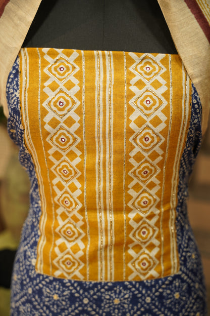 Blue Muga Silk Suit with Neck Work