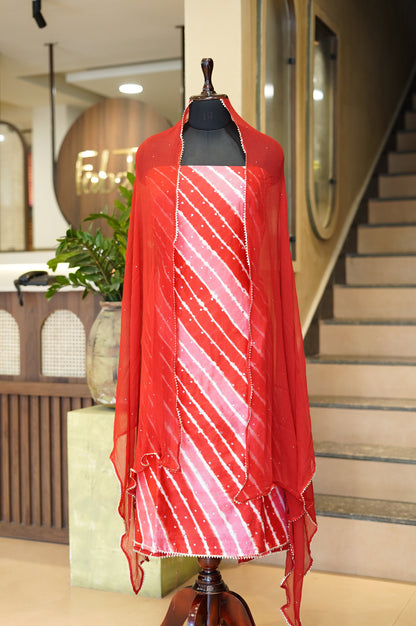 Red Leheriya Chanderi Silk Suit with Mirror Work