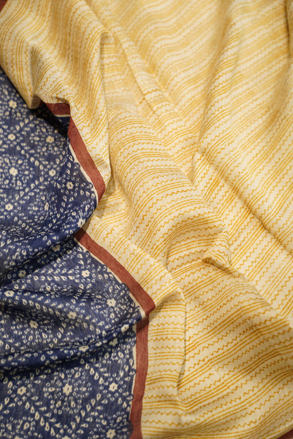 Blue Muga Silk Suit with Neck Work