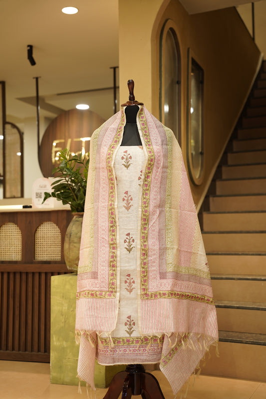 Off White Khadi Cotton Block Printed Suit