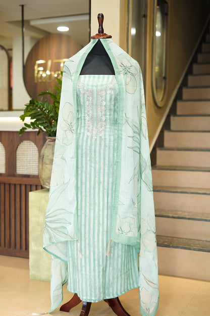 Sea Green Printed Organza Suit with Handwork