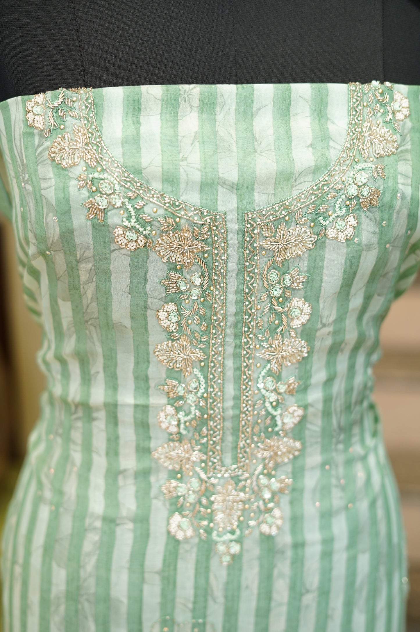 Sea Green Printed Organza Suit with Handwork