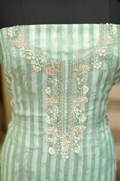 Sea Green Printed Organza Suit with Handwork