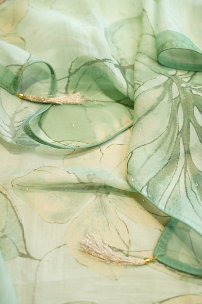 Sea Green Printed Organza Suit with Handwork