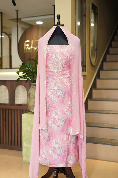 Pink Printed Organza Suit with Handwork