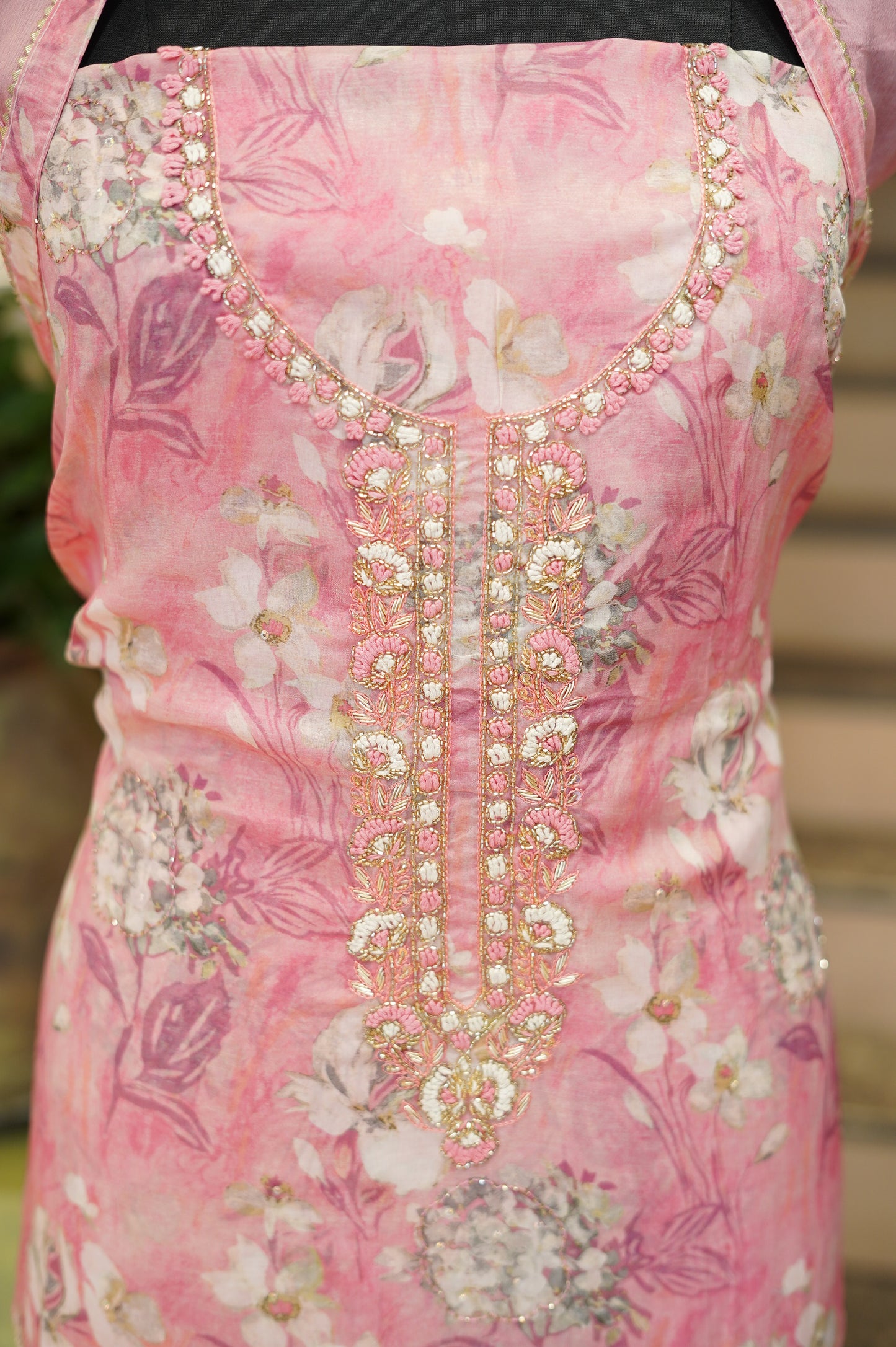 Pink Printed Organza Suit with Handwork