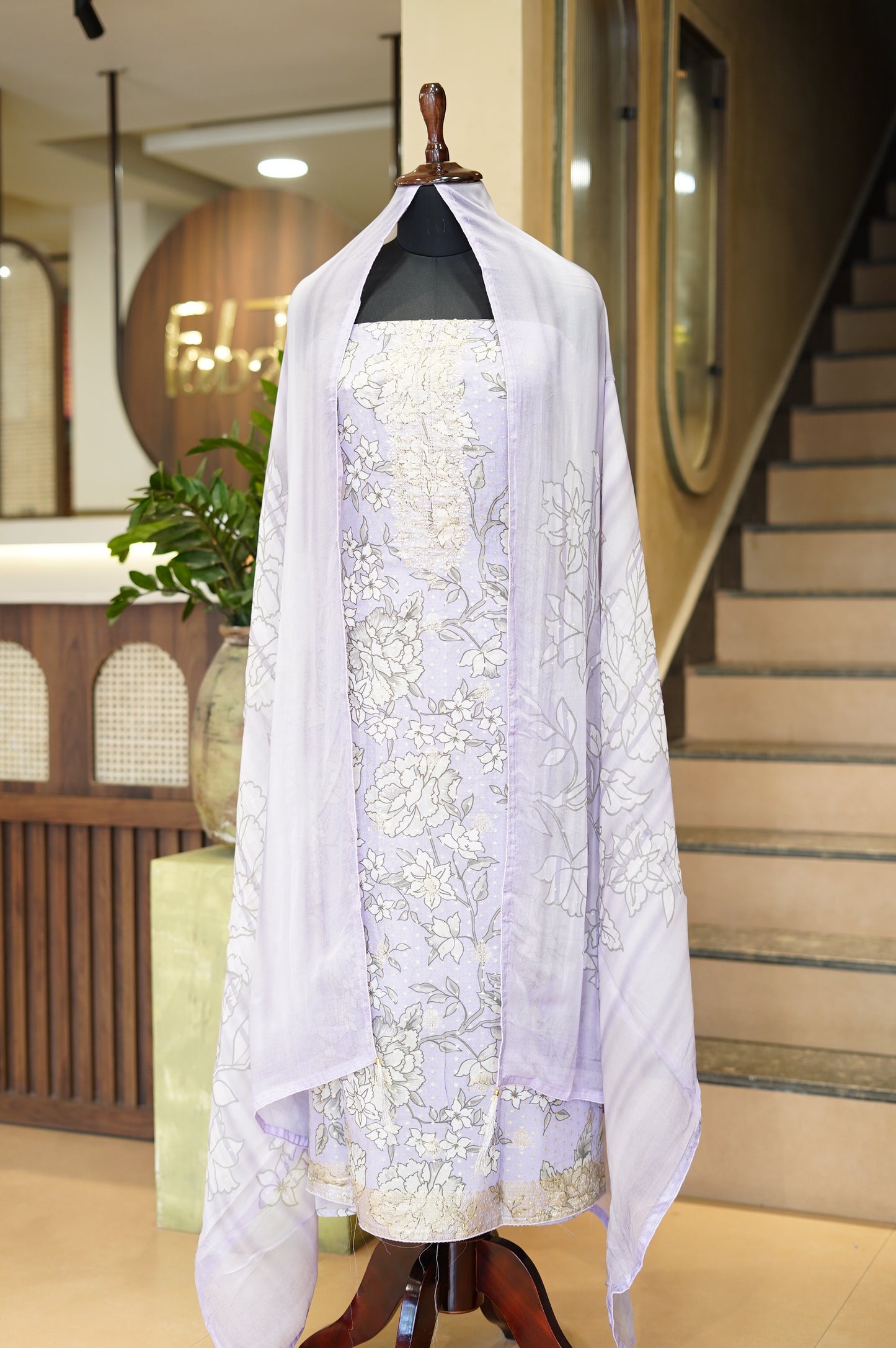 Lavender Organza Printed Suit with Banarasi Neck