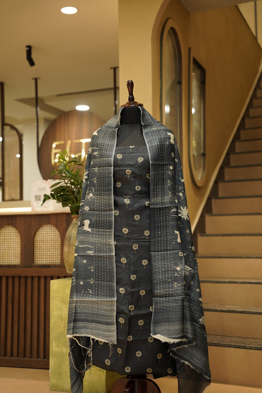 Greyish Black Tussar Printed Suit with Pichwai Print