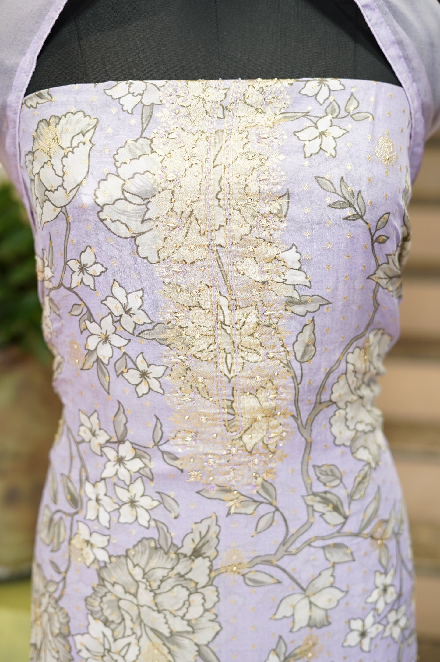 Lavender Organza Printed Suit with Banarasi Neck