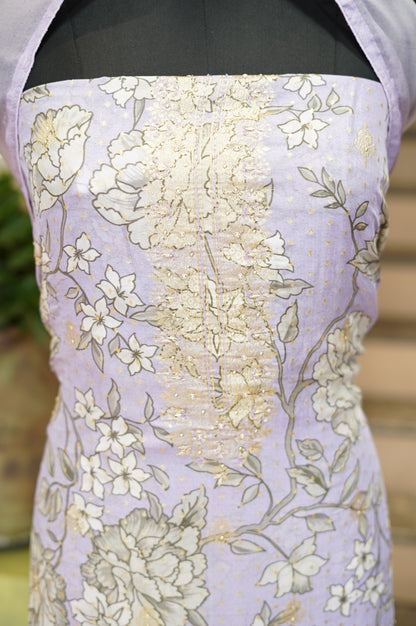 Lavender Organza Printed Suit with Banarasi Neck