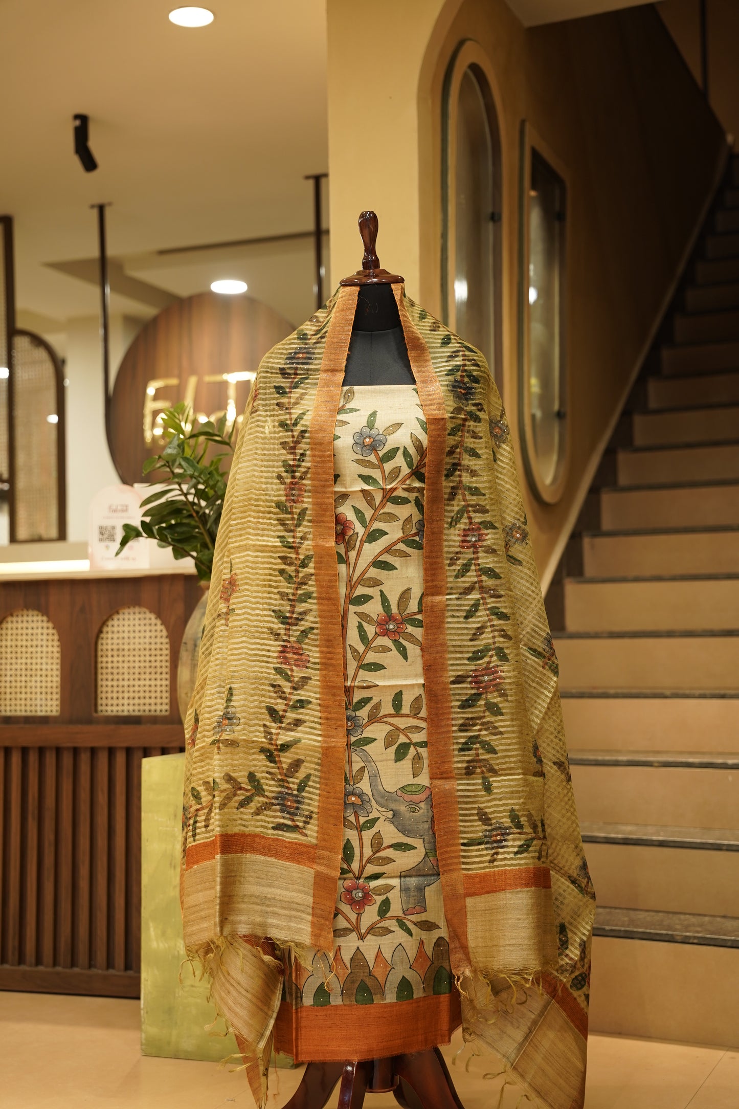 Mustard Pure Silk Tussar Mukaish Work Suit with Hand Painting