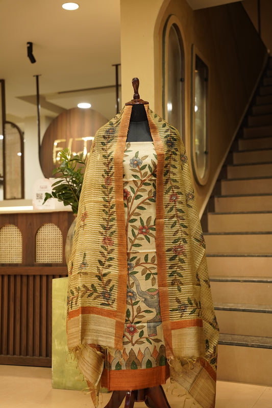 Mustard Pure Silk Tussar Mukaish Work Suit with Hand Painting