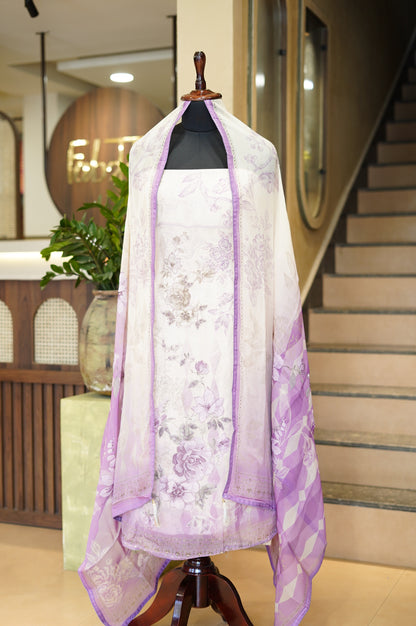 Off White Printed Organza Suit with Handwork