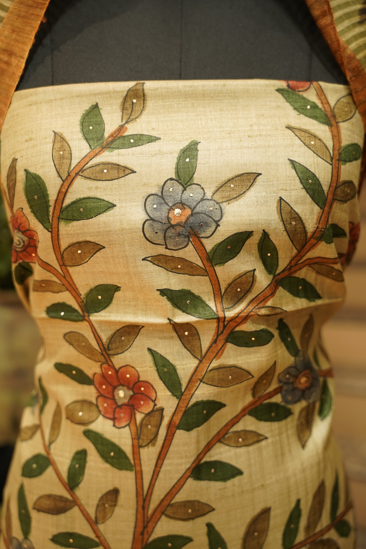 Mustard Pure Silk Tussar Mukaish Work Suit with Hand Painting