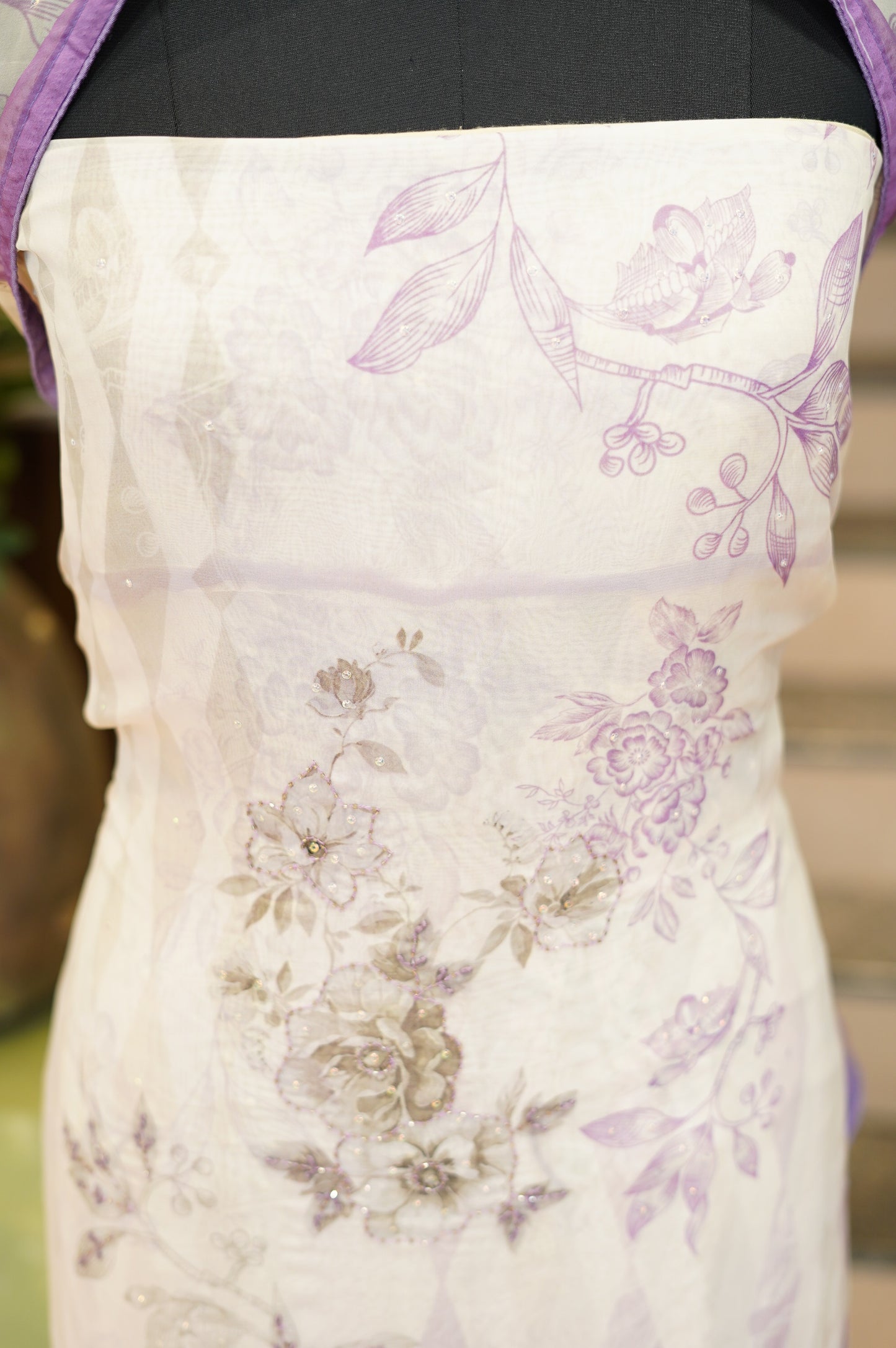 Off White Printed Organza Suit with Handwork